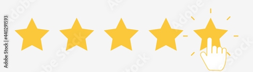 Five stars with clicking hand. Quality rank. Best choice illustration. Hand touching last star. Rating sign. Feedback and review set with simple stars shape. Vector EPS 10