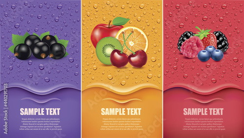 many fresh juice drops background with black currant, multivitamins, forest fruit - strawberry, raspberry, blueberry, blackberry