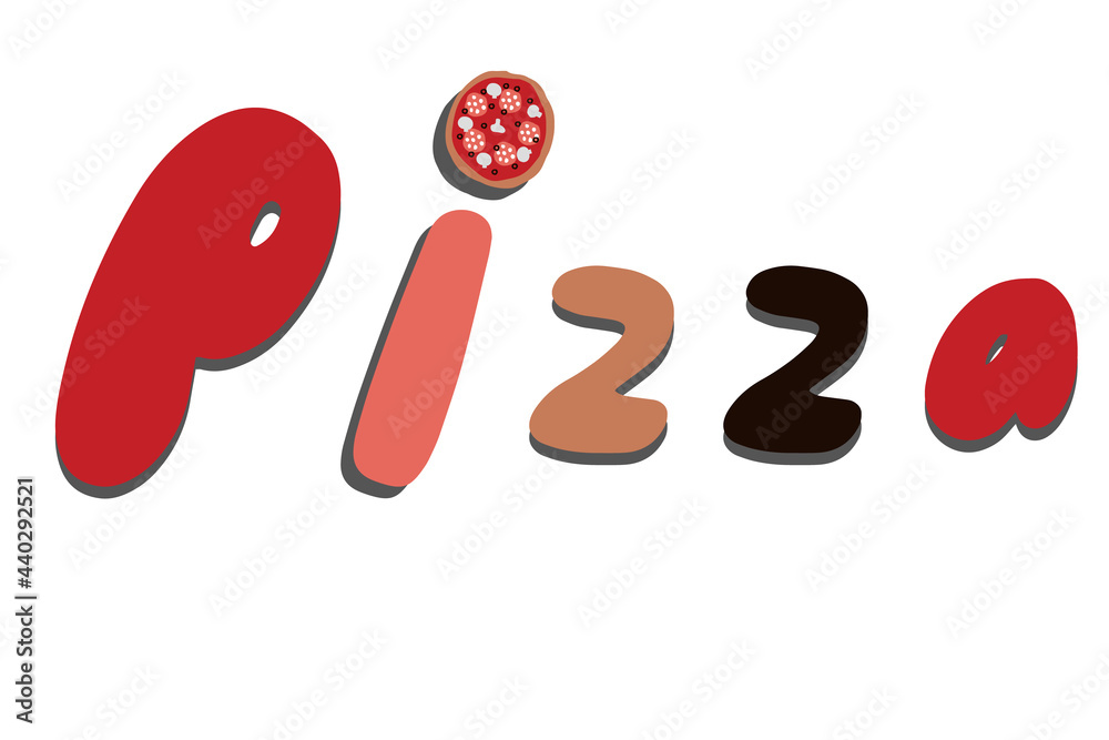 The word pizza is hand-drawn. Drawn letters