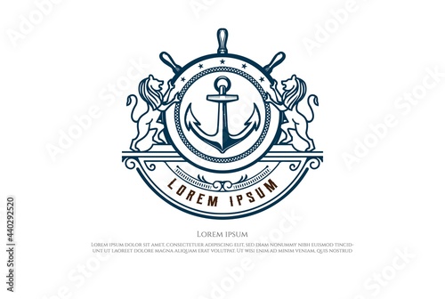 Lion King Crown with Steer Wheel, Anchor and Rope for Nautical Marine Boat Ship Badge Emblem Logo Design