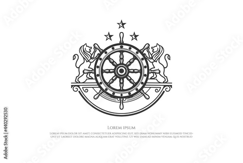 Lion King Crown with Steer Wheel for Nautical Marine Boat Ship Badge Emblem Logo Design