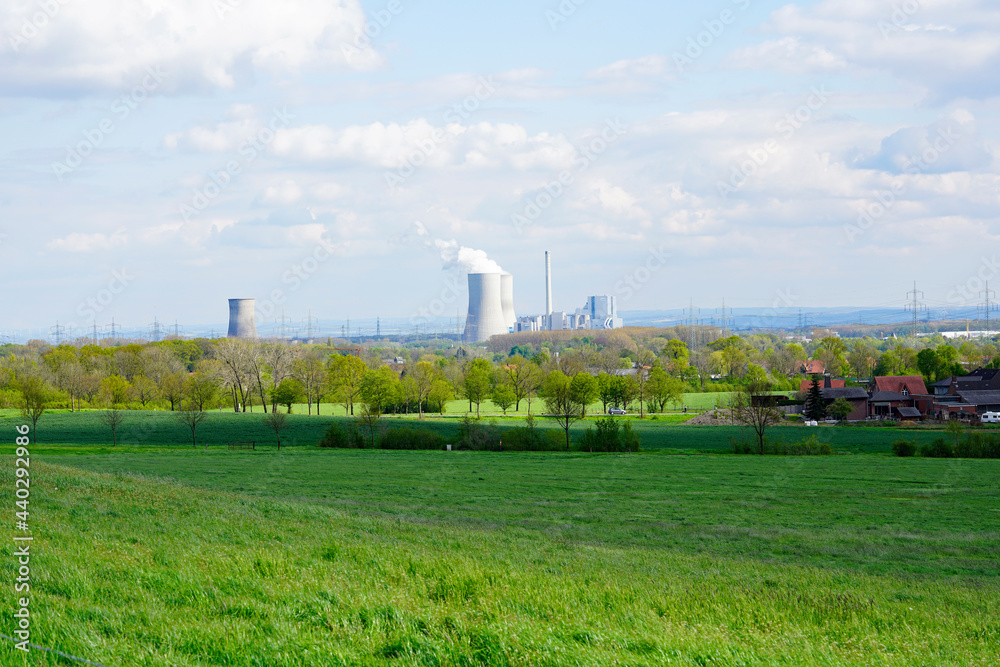 Old nuclear power plant in Uentrop with the surrounding nature. Power plant for energy generation in Germany.