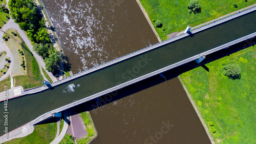 Aerial view from the drone of Magdeburg Water Bridge, Germany. photo