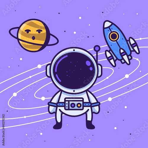 Fototapeta Naklejka Na Ścianę i Meble -  Astronaut in space with planet and rocket. Vector illustration of space design background
