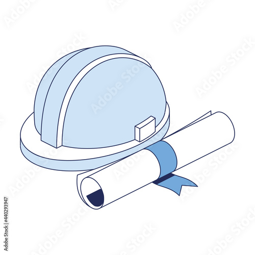 Construction helmet, scroll blueprint. Vector 3d line isometric, color web icons, new flat style. Creative design idea and elements for infographics.