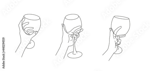Set of hands with wineglass in minimalist style. Wine tasting graphic linear illustration. Vector line art with glass on white background
