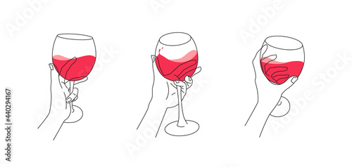 Hand with a glass of red wine modern illustration in minimalist style. Wine tasting vector line art for poster, card or web. Hand holding a wineglass vector photo