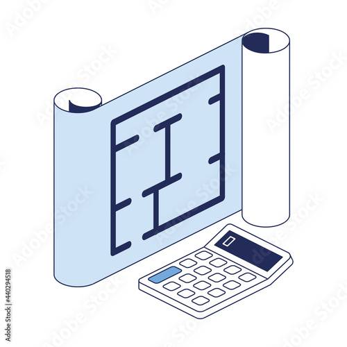 Scroll drawing, calculator. Vector 3d line isometric, color web icons, new flat style. Creative design idea and elements for infographics. photo