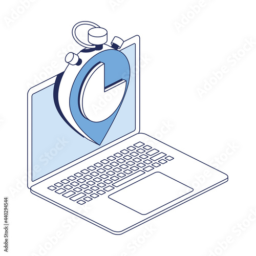 Stopwatch laptop screen. Vector 3d line isometric, color web icons, new flat style. Creative design idea and elements for infographics.