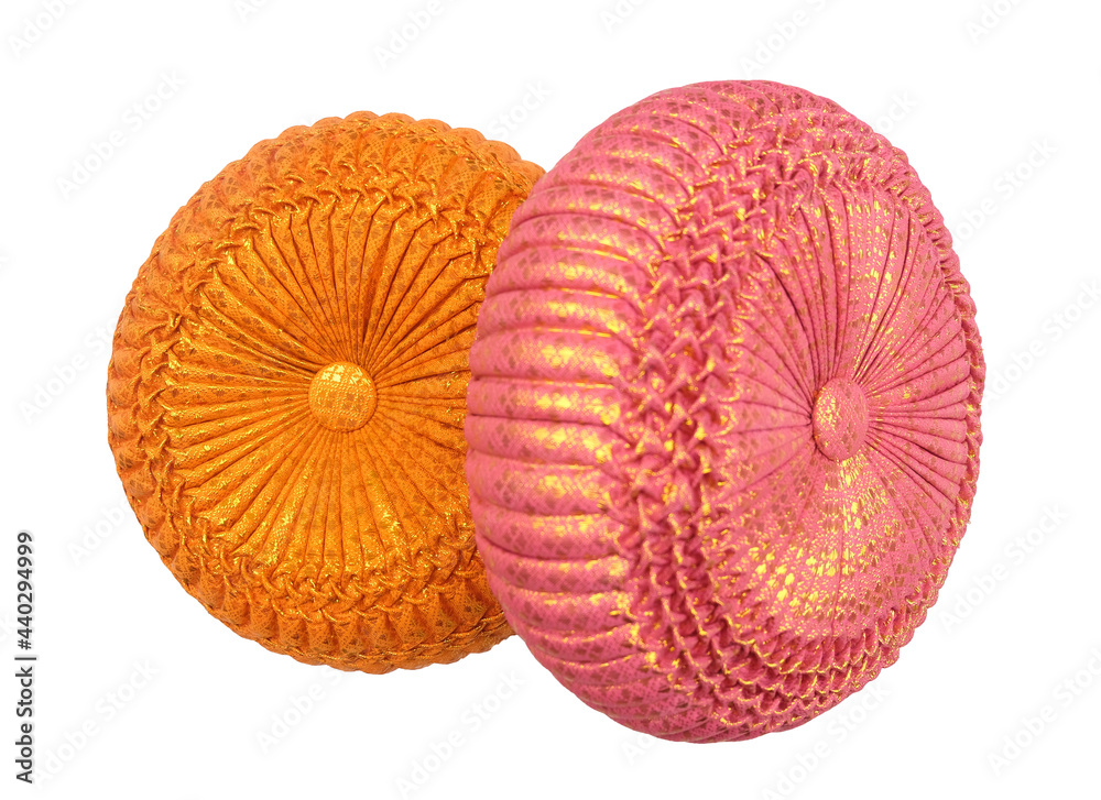 Two golden pillows are placed separately on a white background. Two golden pillows are placed separately on a white background.
