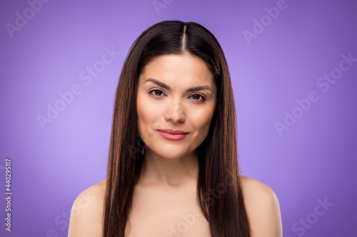 Photo of adorable pretty young lady wear nothing smiling isolated purple color background