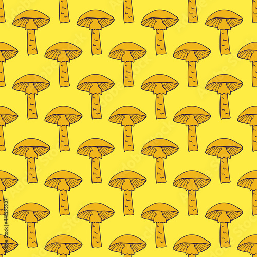Orange contoured mushroom elements seamless pattern. Yellow bright background. Wild forest food print.