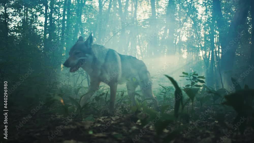 A gray wolf in a mysterious forest, looks around and then runs.