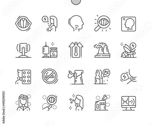 Laryngitis. Discomfort in throat. Treatment and inhaler. High temperature. Health care, medical and medicine. Pixel Perfect Vector Thin Line Icons. Simple Minimal Pictogram