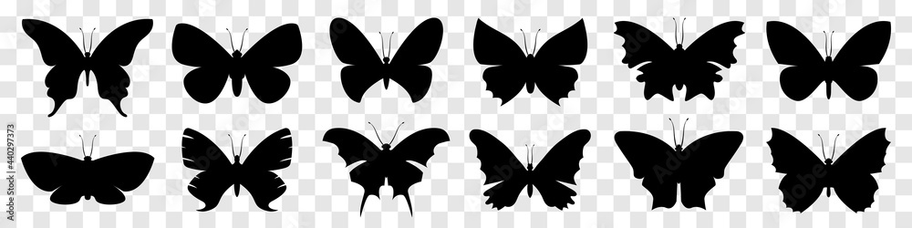 Different butterfly silhouettes isolated on transparent background. Vector elements for decor and design - obrazy, fototapety, plakaty 