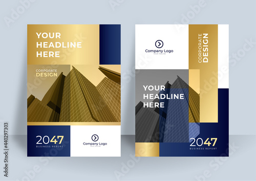 Brochure blue gold cover design layout set for business and construction. Abstract geometry with colored corporate vector illustration on background. Good for annual report, industrial catalog design.