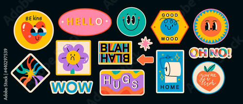 Set of Various Patches, pins, stamps or Stickers. Abstract funny cute comic Characters. Different Phrases and words. Hand drawn trendy Vector illustrations. Cartoon style. All elements are isolated.