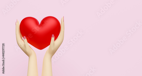cartoon woman hands holding red heart with copy space isolated on pink background ,Concept 3d illustration or 3d render