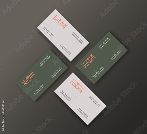 Modern Cross Business Cards Template. Realistic Vector Stationary Mockups Scene with Soft Shadows and Typographic Layout. Top View Background Decorative Layout