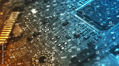 Animation of the Endless Motherboard with Moving Light Signals and Working Processors. Looped Motion over the Circuit Board.
