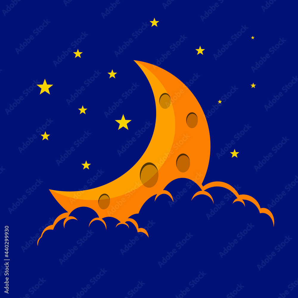 Flat style illustration orange moon stars and orange clouds background design. Good to use for banner, social media template, poster and flyer template, etc.
