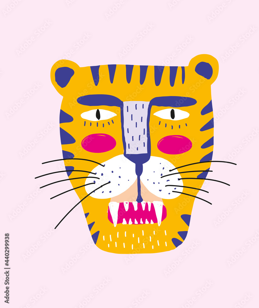 Cute Simple Vector Illustration with Yellow Tiger Isolated on a Pastel Pink  Background. Simple Nursery Art for Kids. Print with Funny Wild Cat for Wall  Art, Card, Poster, Safari Party Decoration. Stock