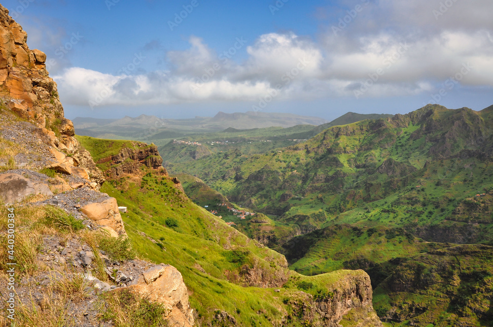 Landscape with mountains in Serra Malagueta National Park (Parque Natural de Serra Malagueta) in the northern part of the island of Santiago, Cape Verde, on a sunny day