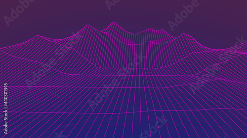 Abstraction. Landscaping of mountains. Wireframe landscape background. 3d sci-fi retro connection background. Futuristic vector illustration