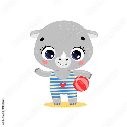 Flat illustration of cute cartoon summer tropical animals on the beach. Baby rhino with a beach ball