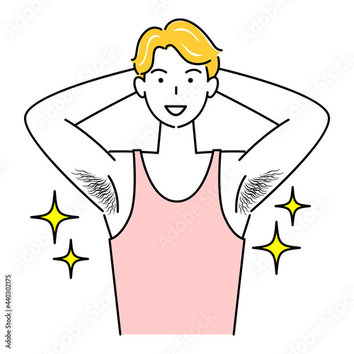 自慢の体毛（わき毛）を見せている笑顔の可愛い男性 イラスト ベクター