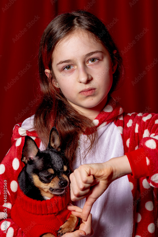 Obraz premium Young girl with pet dog. Teenage girl in red pajamas and a chihuahua dressed in a red sweater