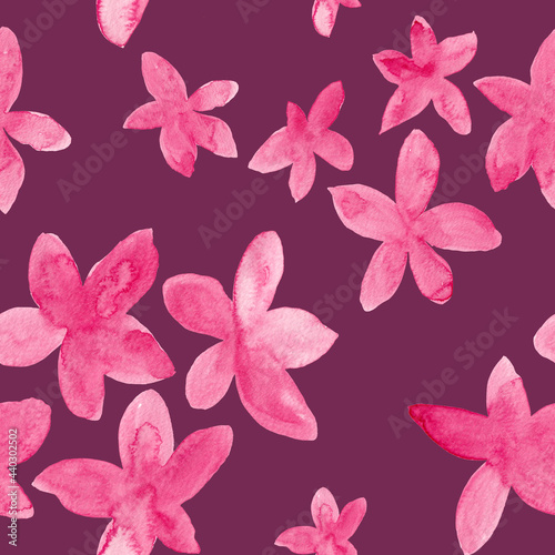 Pink blossom flowers watercolor painting - seamless pattern on purple background