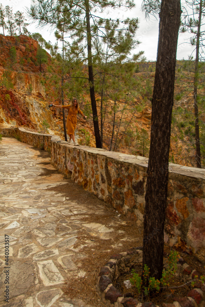 Fototapeta premium young woman with a yellow dress and a leather backpack at desert