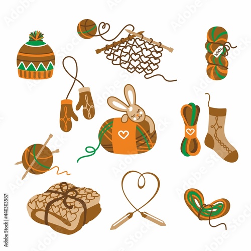 Set knitting elements, yarn knitting needles, vector illustration