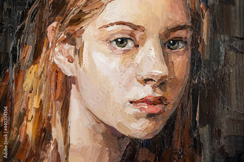 Oil painting. Portrait of a red-haired girl. The art is done in a realistic manner.
