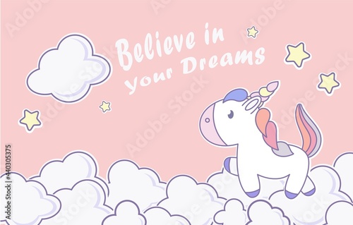 Vector illustration of a cute little unicorn walks on the clouds. Birthday greeting card design, welcome baby greeting card.
