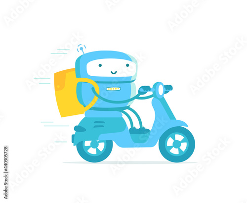 Robot courier. Take away. Delivery service. Rides a motobike. Fast food delivery. With a backpack. Vector illustration.