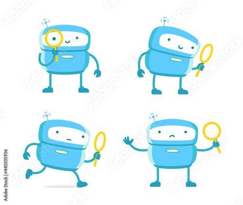 Robot with magnifying glass set. Loupe search. Flat color vector illustration.