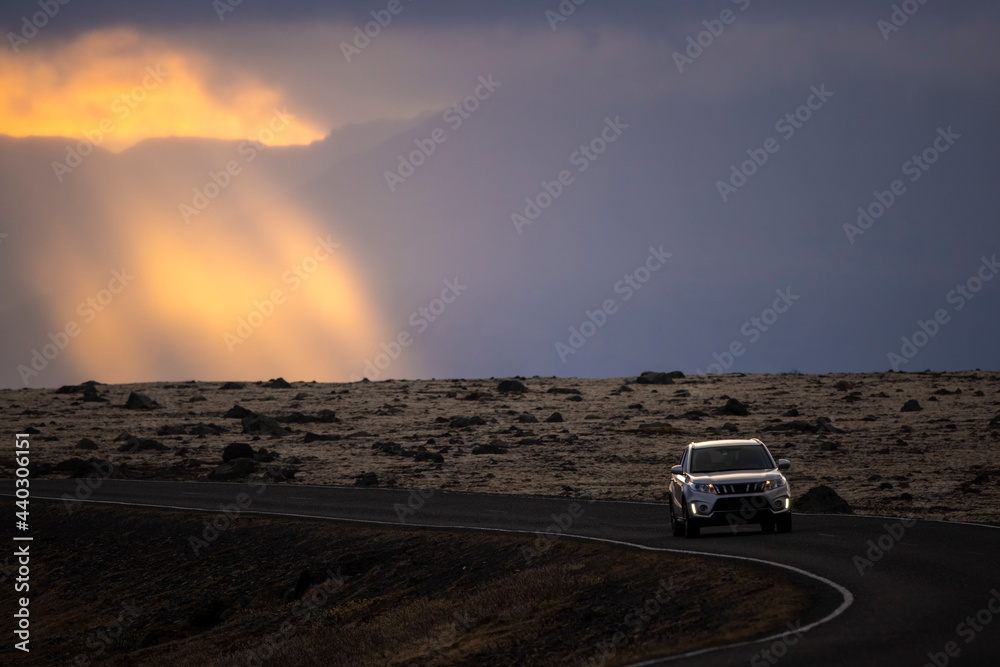 Car driving on countryside road in cloudy morning Car driving on countryside road in cloudy morning