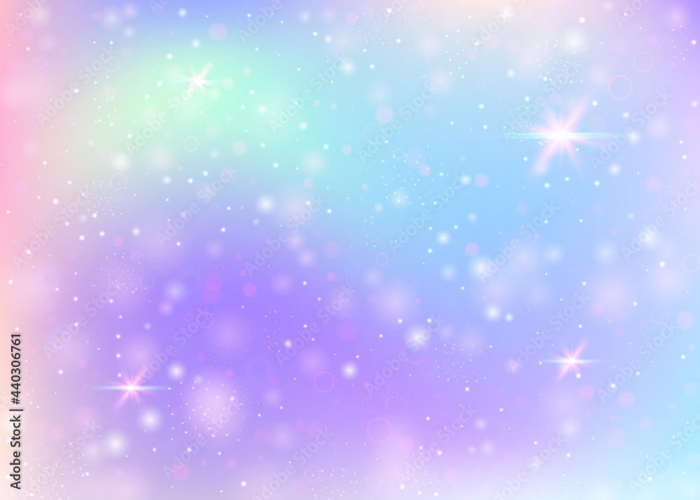 Naklejka premium Unicorn background with rainbow mesh. Multicolor universe banner in princess colors. Fantasy gradient backdrop with hologram. Holographic unicorn background with magic sparkles, stars and blurs.