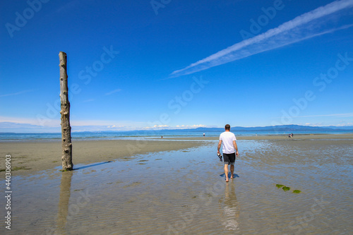 Qualicum beach in Vancouver Island, BC. The view on man walking on the empty sandy beach. Standing wood log, ocean and blue sky in the background. photo