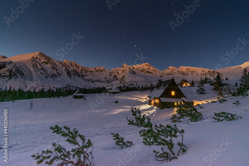 Shelter in Tatra mountains in winter during night