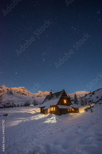 Shelter in Tatra mountains in winter during night