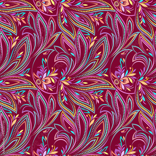 Beautiful seamless colorful dotted pattern with magic birds. Traditional ethnic ornament. Vector print. Use for wallpaper, pattern fills,textile design.