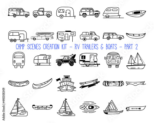 Set of linear icons of camper trailers. Part 2