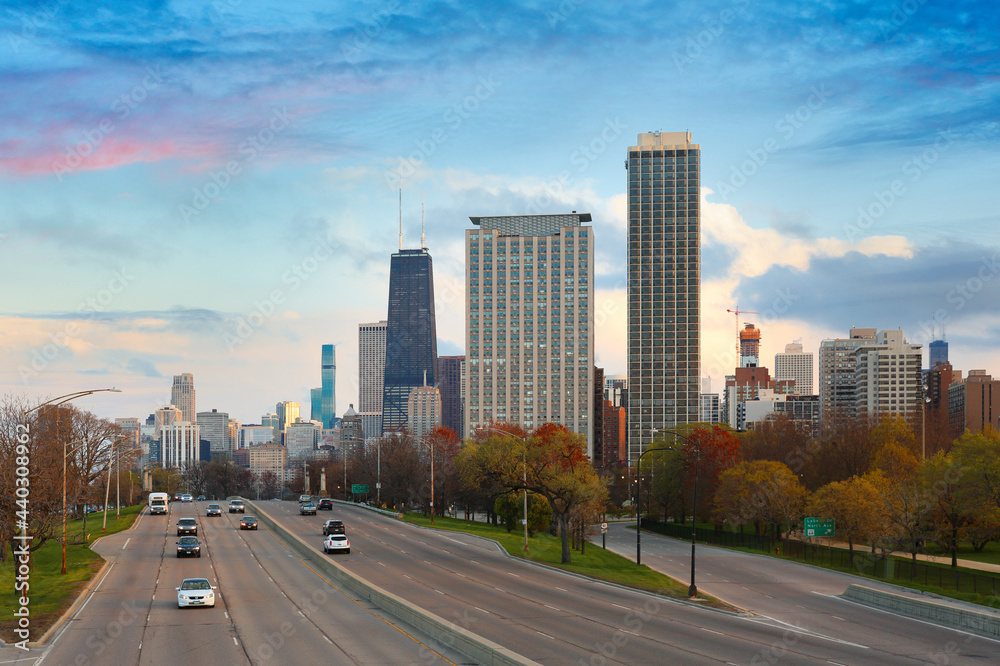 Chicago skyline after sunset showing Chicago downtown. Chicago, on Lake Michigan in Illinois, is among the largest cities in the U.S. 