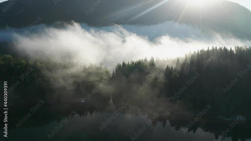 Thick white fog invaded a valley in the morning. It is expanding through the pine forest, slowly dissipating on the way to a calm dark fjord. Sun is rising from behind the mountain.