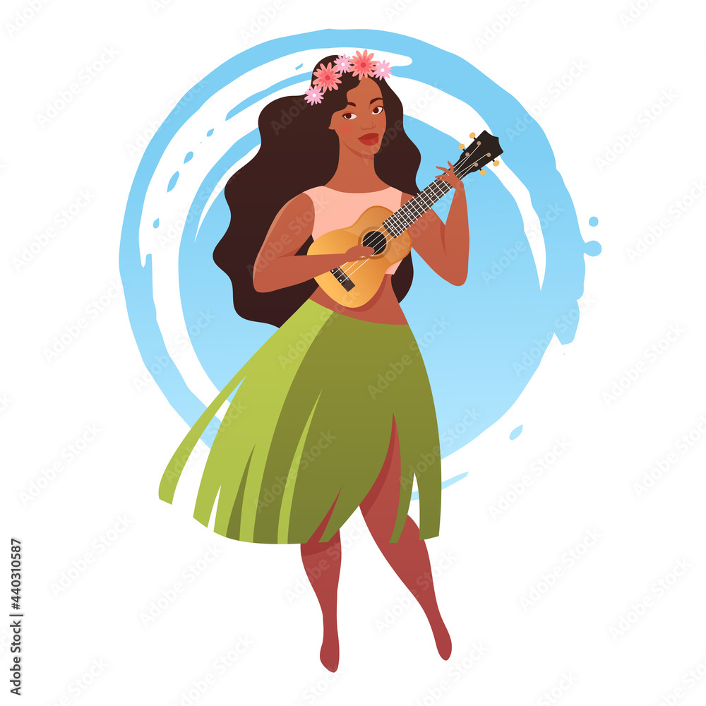 Young woman in traditional hawaiian skirt with ukulele guitar. Vector illustration isolated on white background Young woman in traditional hawaiian skirt with ukulele guitar. Vector illustration isolated on white background