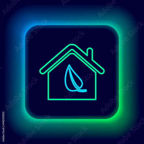 Glowing neon line Eco friendly house icon isolated on black background. Eco house with leaf. Colorful outline concept. Vector