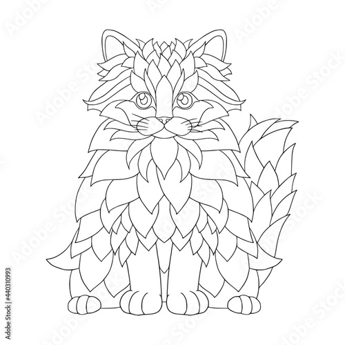 Line art fluffy kitten cute cartoon character. Outline vector illustration for coloring book for children.